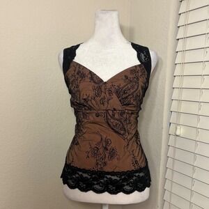 Hillard & Hanson Sz M brown black sheer lace sweetheart queen anne floral top